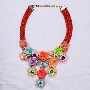 Statement Bib Choker Necklace w/ Multi Color Floral Flower Designs at 6" Drop